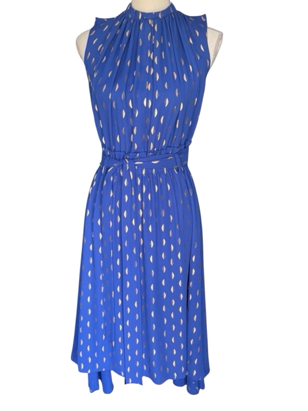 Sfera Azul/Gold Teardrop High Neck Sleeveless Tie-Waist Hi-Lo Midi Dress (S)
